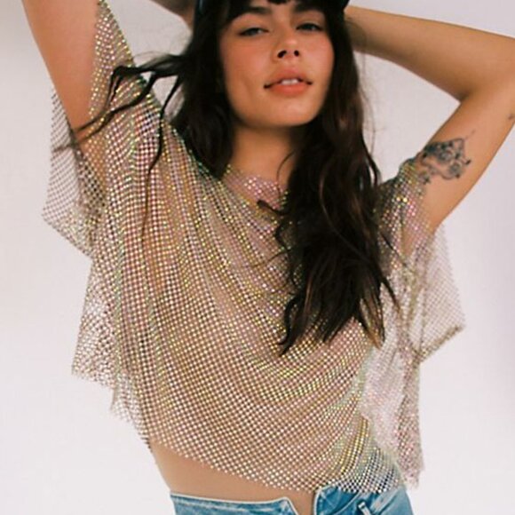 Free People Tops - NEW Free People Filter Finish Bodysuit S $178 Iridescent Rhinestone Fishnet Mesh